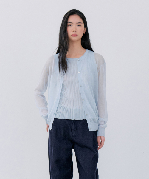 SHEER ROUND NECK CARDIGAN - SKY BLUE