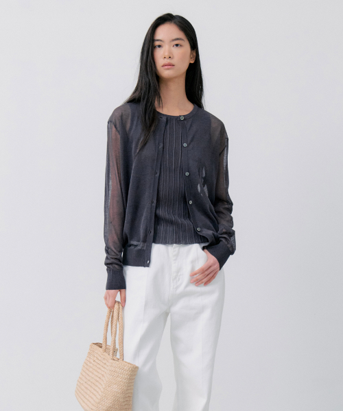 SHEER ROUND NECK CARDIGAN - CHARCOAL