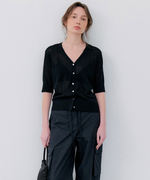 LINEN HALF V NECK CARDIGAN - BLACK