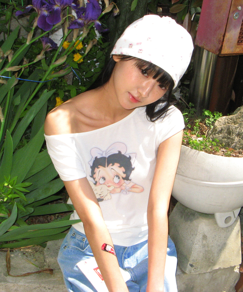 BETTY BOOP RIBBON BOAT NECK T SHIRT WHITE