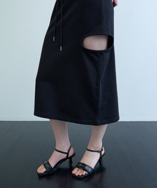 SLIT MIDI COTTON SKIRT_ BLACK / MELANGE GREY