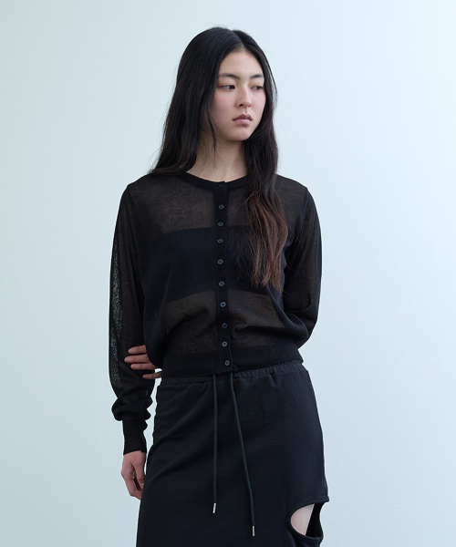 BUTTON KNIT CREW-NECK CARDIGAN_ BLACK