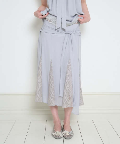 BOW CHIFFON LACE SKIRT GRAY