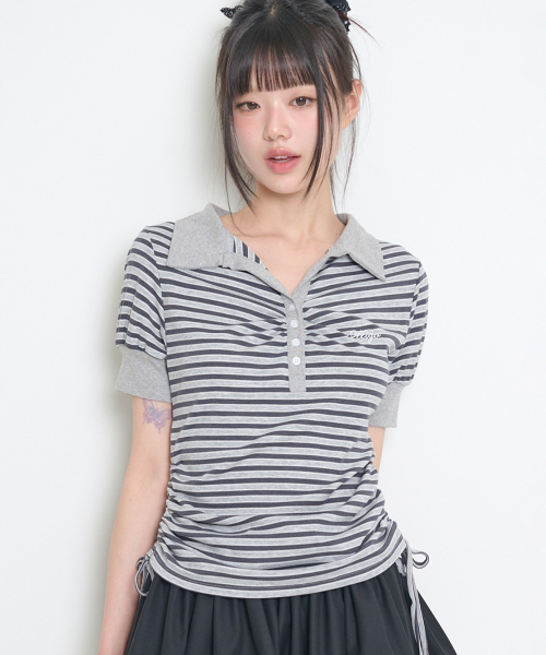 STRIPE SHIRRING COLLAR T-SHIRT CHARCOAL