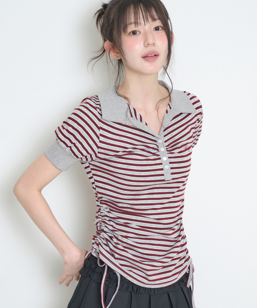 STRIPE SHIRRING COLLAR T-SHIRT BURGUNDY