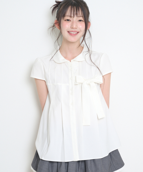 RIBBON PLEATED SHORT SLEEVE BLOUSE WHITE