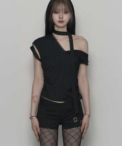 Stripe Slit Race Blouse (BLACK)