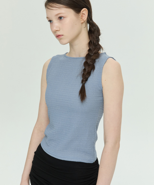 Boat Neck Slim Sleeveless Top (Blue)