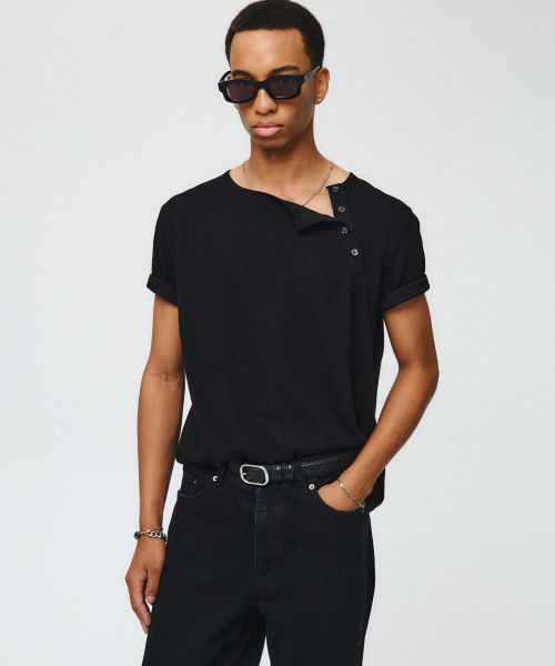 Футболка хенли со скошенным вырезом (Black)
