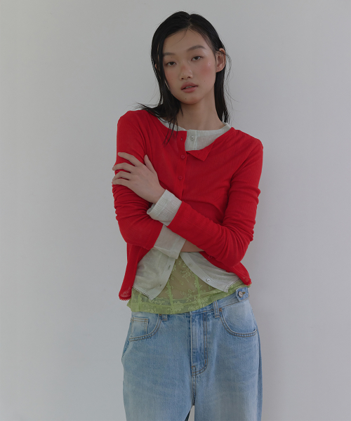SUMMER LACE TRIMMING RIB CARDIGAN (RED)