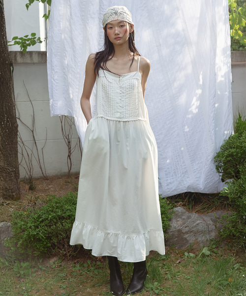 LACE PINTUCK SLEEVELESS DRESS (IVORY)