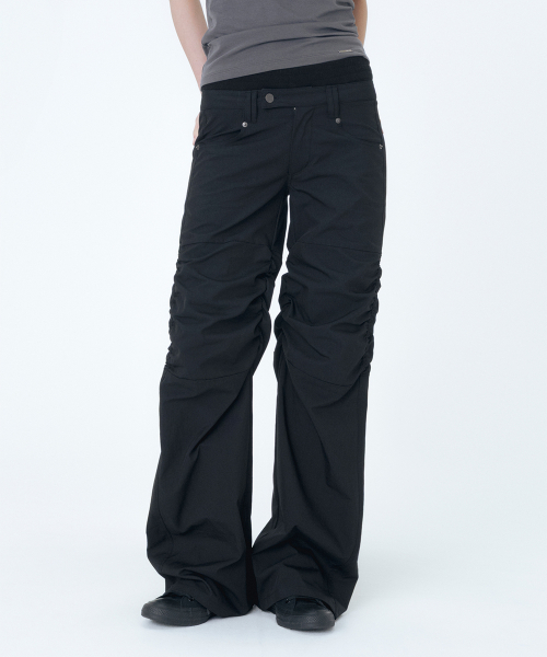 Ribbed layered shirring pants BLACK
