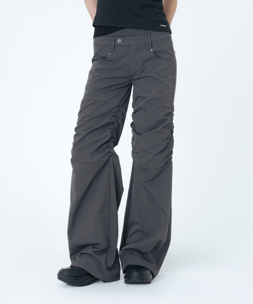 Ribbed layered shirring pants CHARCOAL