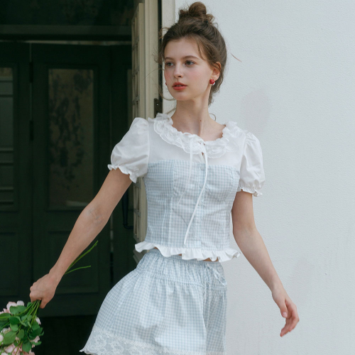 Cest_Gingham lace collar блуза