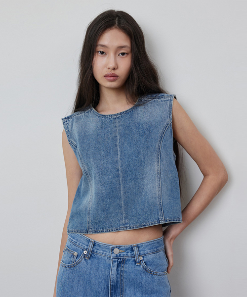 Backless Snap Button Denim Vest_BLUE