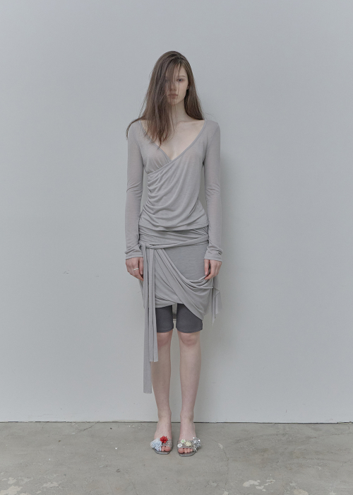 See-Through Tied Shirring Midi skirt, Gray