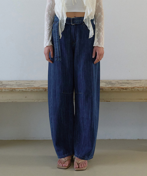 Belted Volume Legs Denim Jeans Mid синий