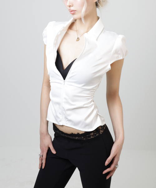 Ruched Silhouette Zip Shirt - White