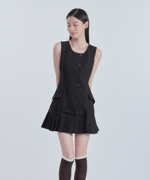 Sleeveless Pleated Suit Dress - Dark Navy