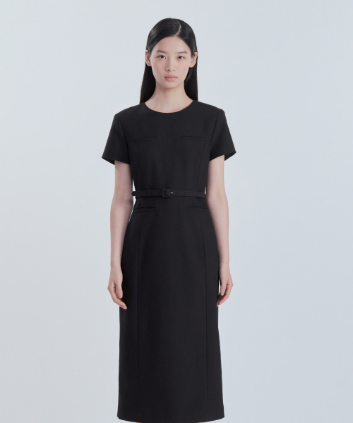 Belted Round Neck Long Suit Dress - Black