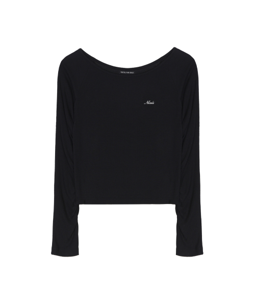 SLEEVE SHIRRING BOAT NECK TOP_BLACK