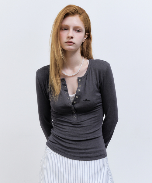 BUTTON HENLEY NECK TOP_CHARCOAL
