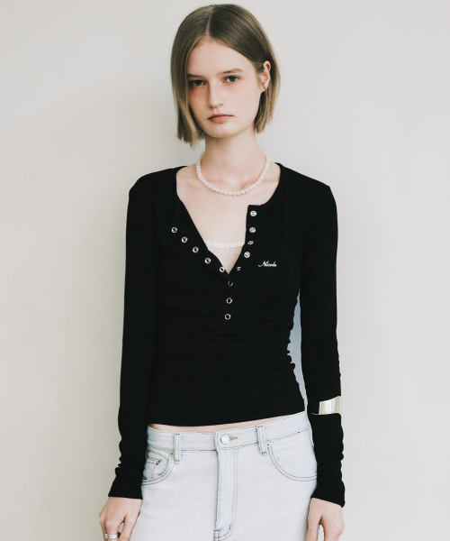 BUTTON HENLEY NECK TOP_BLACK