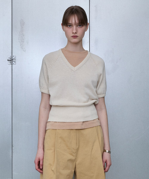 Italian Yarn Puff Sleeve V-Neck Knit [IVORY]