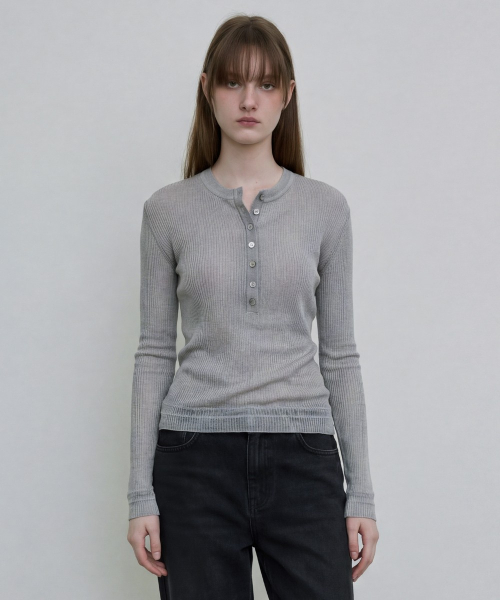 Sheer Ribbed Henley Top [GREY]