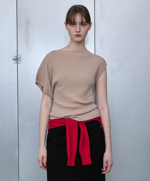 Asymmetric Sleeve Pleated Knit Pullover [BRIGE]