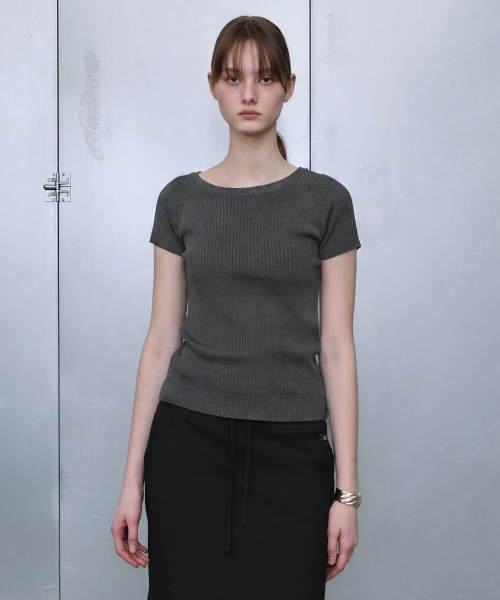 One-Shoulder Short Sleeve Knit Pullover [GREY]