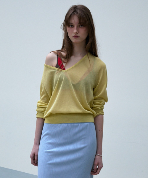 Sheer V-Neck Pullover [YELLOW]