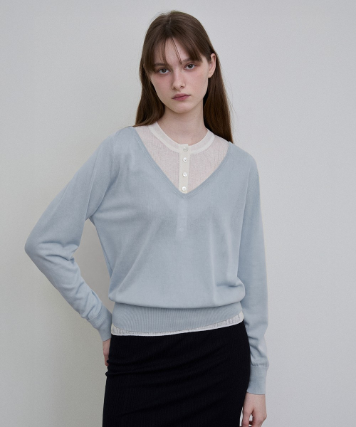Sheer V-Neck Pullover [SKY BLUE]