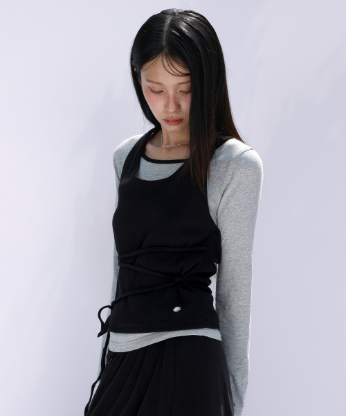 스트랩 레이어드 골지 홀터넥 티셔츠 (멜란지그레이)