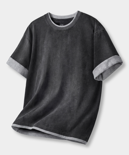 CONTRAST LAYERED ROLL-UP T-SHIRT_PIGMENT CHARCOAL
