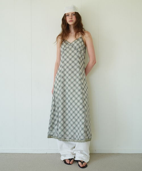 CHECK SHEER SLIM LONG ONE PIECE GREEN