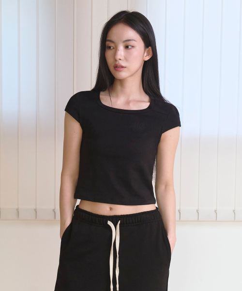 Slim cotton square neck cap t-shirts - BLACK