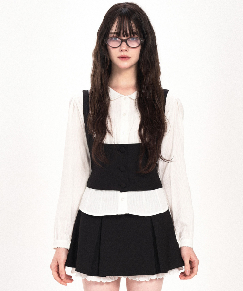 RIBBON FRILLY WAIST VEST - BLACK