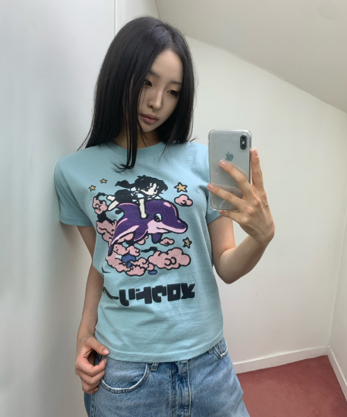 MELLOW DREAM Cartoon Half Sleeve T-shirt SKYBLUE