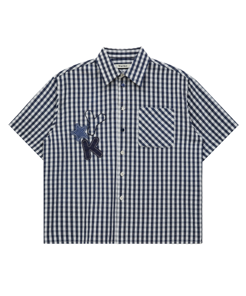 Check Applique Button Half Shirt NAVY
