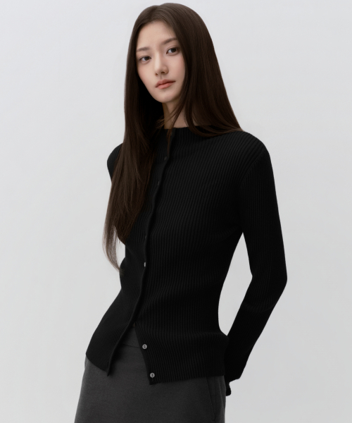 우먼즈 리브드 슬림 모크 넥 가디건 [블랙]