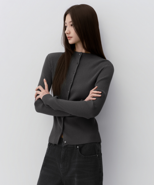 우먼즈 리브드 슬림 모크 넥 가디건 [차콜 그레이]