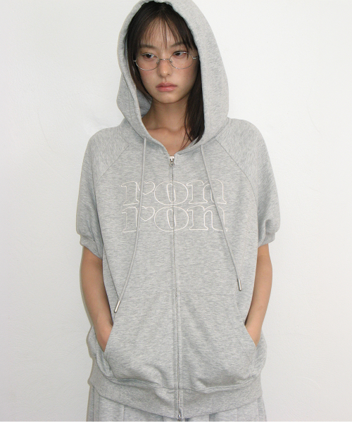 APPLIQUE LOGO HALF SLEEVE HOODED ZIP UP GREY