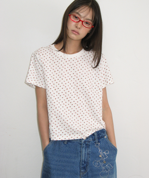 FLORAL MINI LABEL CROP SHORT SLEEVE WHITE