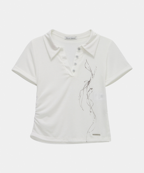 Rib Collar Roll Up Shirring Top (White)