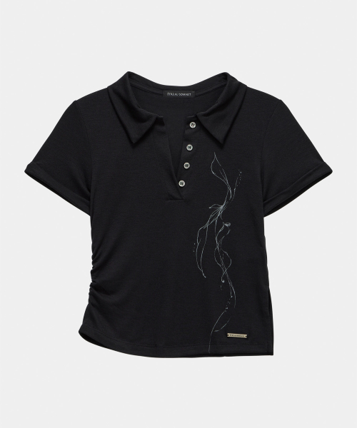Rib Collar Roll up Shirring Top (Black)