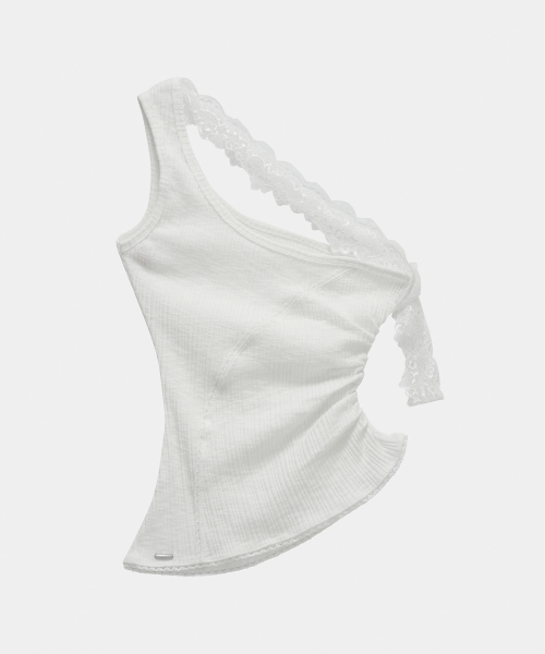 Lace One-Shoulder Shirring Top (White)