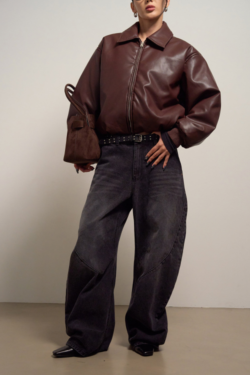 Bold cut wide denim pants [Black]