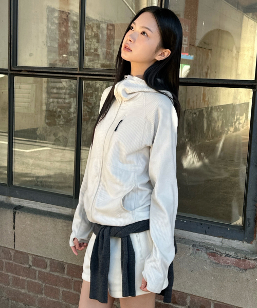 [시티 레저] 우먼즈 그리드 폴라 플리스 바라클라바 후디드 집업 [스톤 화이트]