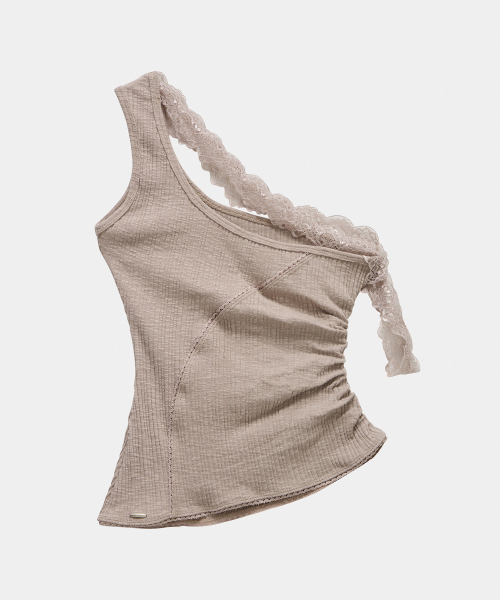 Lace One-Shoulder Shirring Top (Beige)